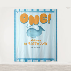Tapete De Parede Fundo de aniversário de 1 ano de baleia azul bebê