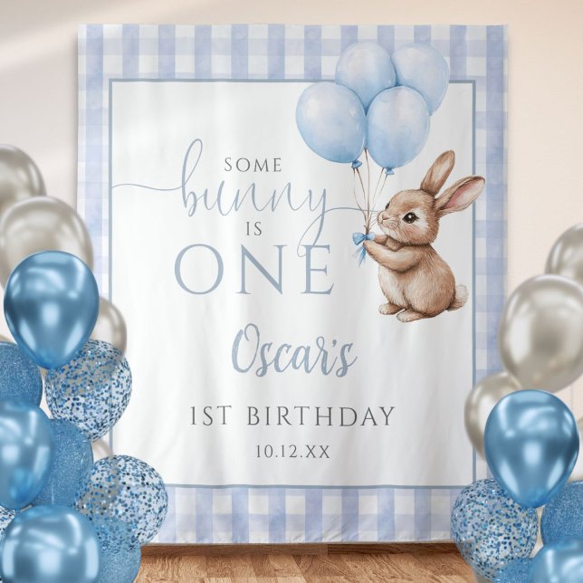 Tapete De Parede Fundo de Aniversário de 1 Ano do Bunny Blue Balloo (Bunny Blue Balloons 1st Birthday Backdrop)