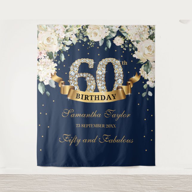 Tapete De Parede Fundo de aniversário de 60 anos Navy Gold Greenery (Frente)