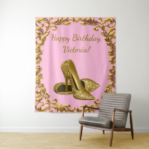 Tapete De Parede Fundo de Aniversário de Salto Alto Rosa Dourado pa