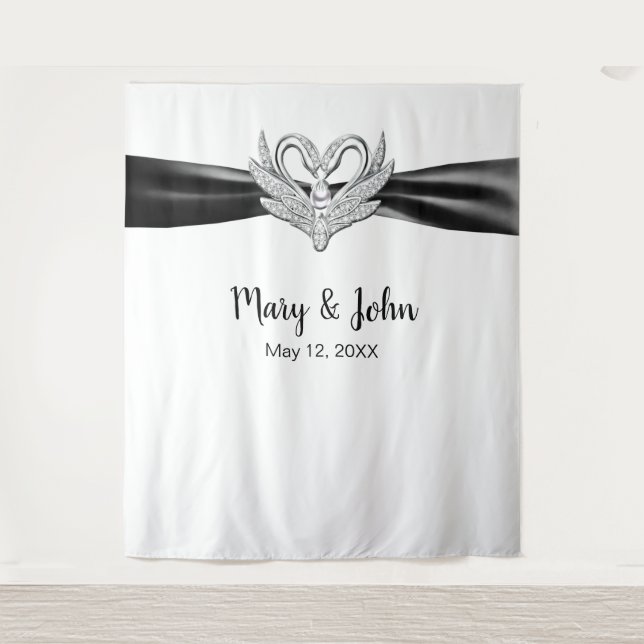 Tapete De Parede Fundo de casamento Black Ribbon Silver Swans (Frente)