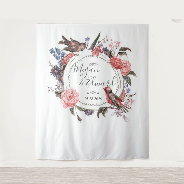 Tapete De Parede Fundo de casamento de pássaros florais, decoração  (Frente)