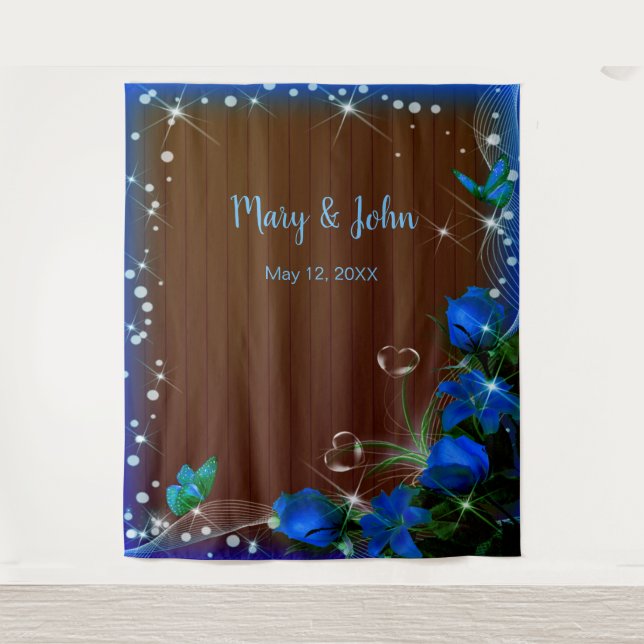 Tapete De Parede Fundo de Casamento Floral Azul de Madeira Escura R (Frente)