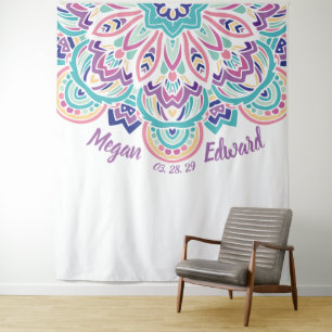Tapete De Parede Fundo de casamento floral moderno turquesa e roxo