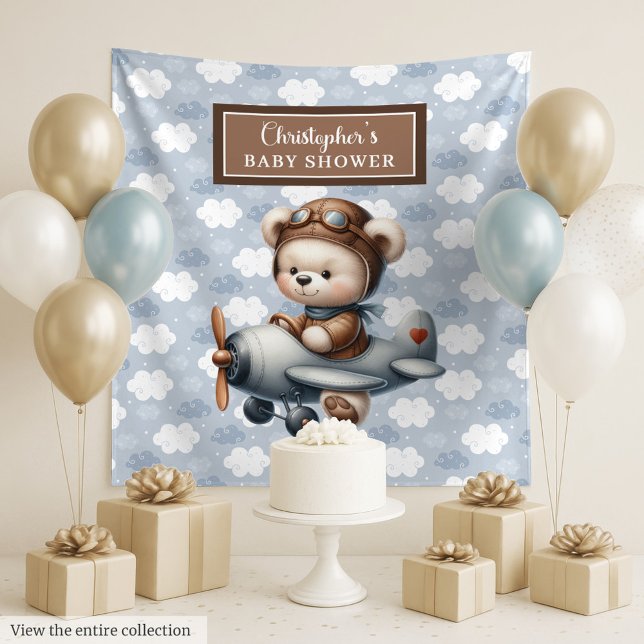 Tapete De Parede Fundo de cena charmoso de piloto de urso de pelúci (Charming teddy bear pilot baby shower backdrop)