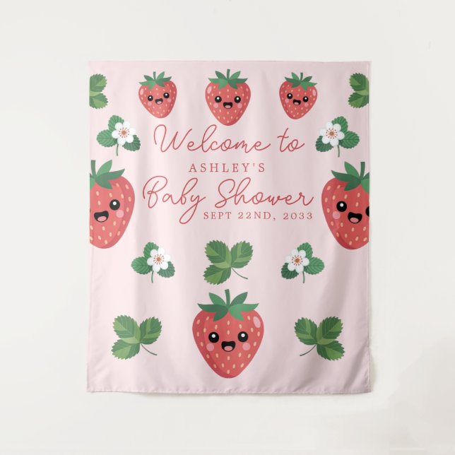 Tapete De Parede Fundo de Cena Kawaii Morango para Chá de Bebê (Frente)