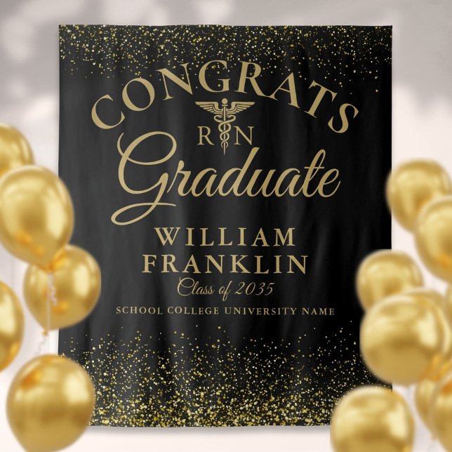 Tapete De Parede Fundo de Cena para Foto de Formatura da Escola de  (Black Gold Nurse School Graduation Photo Backdrop)