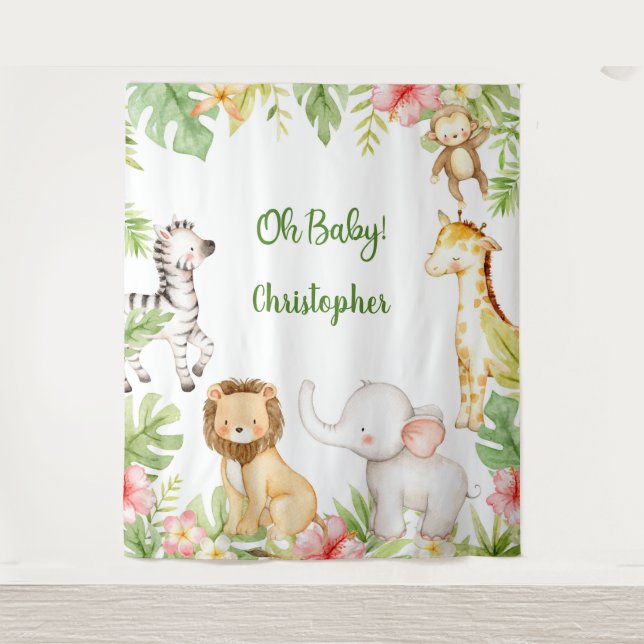 Tapete De Parede Fundo de chuveiro de bebê tropical com animais da  (Frente)