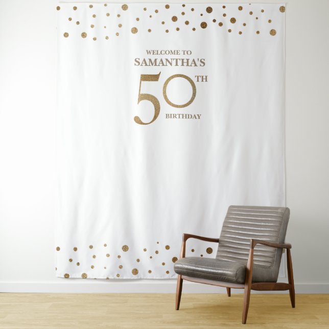 Tapete De Parede Fundo de festa de 50 anos dourado e branco com con (In Situ)