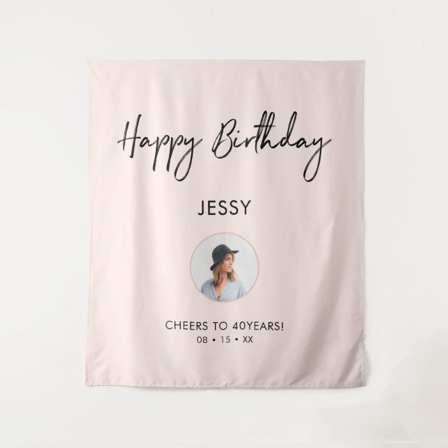 Tapete De Parede Fundo de festa de aniversário com foto rosa e pret (Frente)