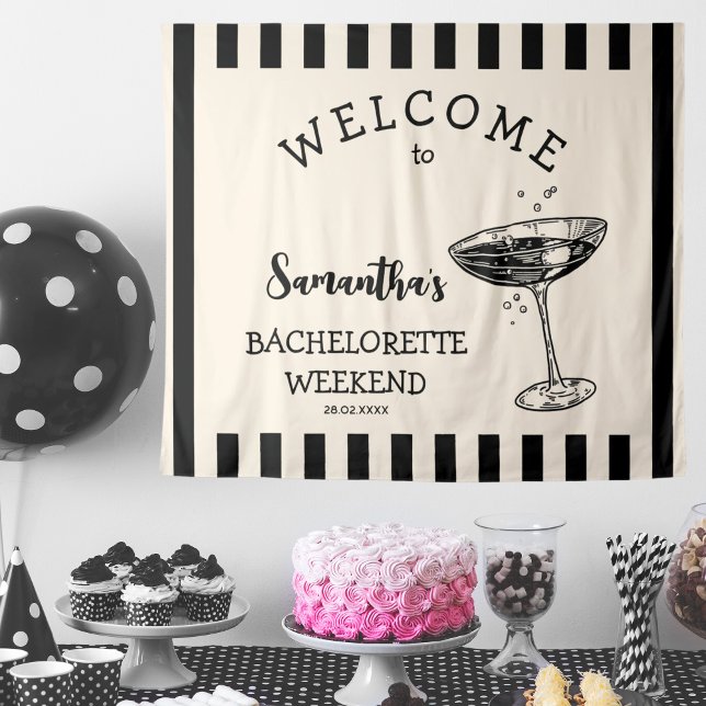 Tapete De Parede Fundo de festa de solteira retrô com coquetel (Retro Stripes Bachelorette Party Backdrop Cocktail Tapestry
black and white)
