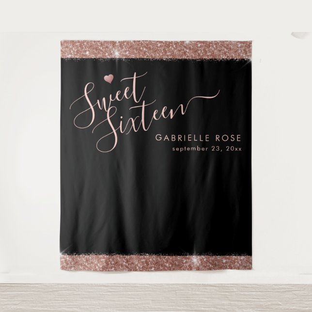 Tapete De Parede Fundo de Foto Preto Rose Gold Sweet 16 com Glitter (Frente)