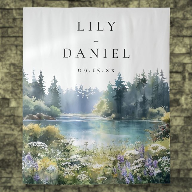 Tapete De Parede Fundo de Fotografia de Casamento com Flores Silves (Forest Lakeside Wildflowers Wedding Photo Backdrop)