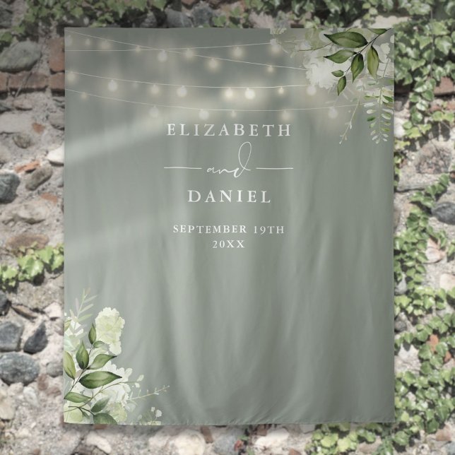 Tapete De Parede Fundo de fotografia de casamento com luzes florais (Sage Green Floral Lights Wedding Photo Backdrop)