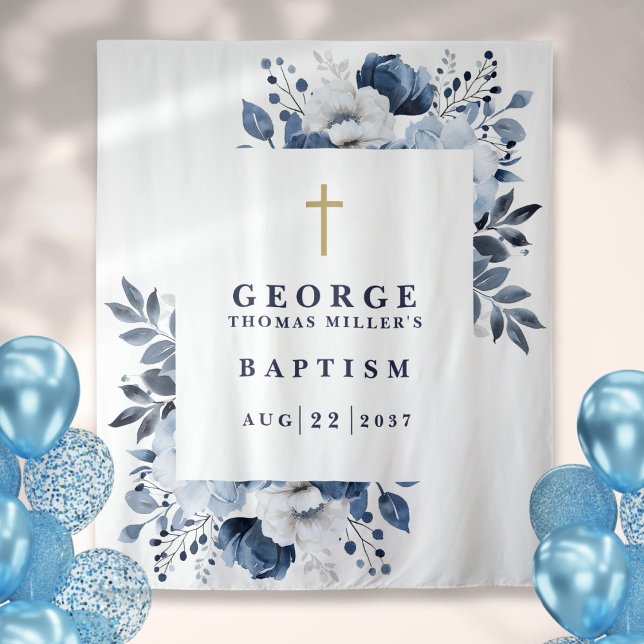 Tapete De Parede Fundo de Fotografia do Batismo Botânico Azul-marin (Navy Blue Botanical Baptism Photo Backdrop)