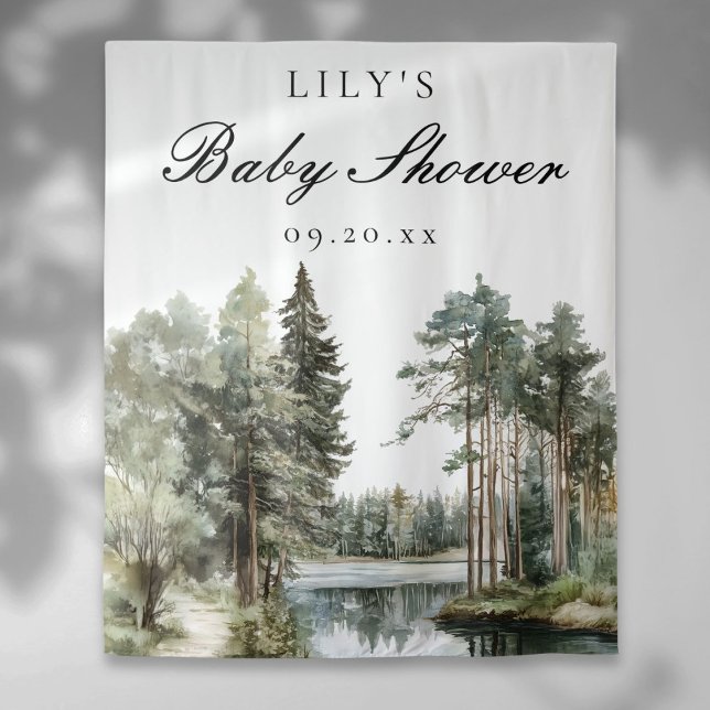 Tapete De Parede Fundo de fotografia para chá de bebê Floresta do L (Watercolor Lake Forest Baby Shower Photo Backdrop)
