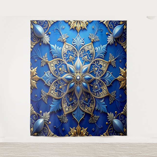 Tapete De Parede Fundo de Natal Azul Dourado Decorativo (Frente)