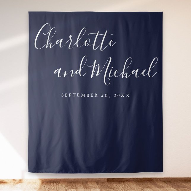 Tapete De Parede Fundo de painel de fotos de casamento azul marinho (Script Navy Blue Wedding Photo Booth Backdrop)