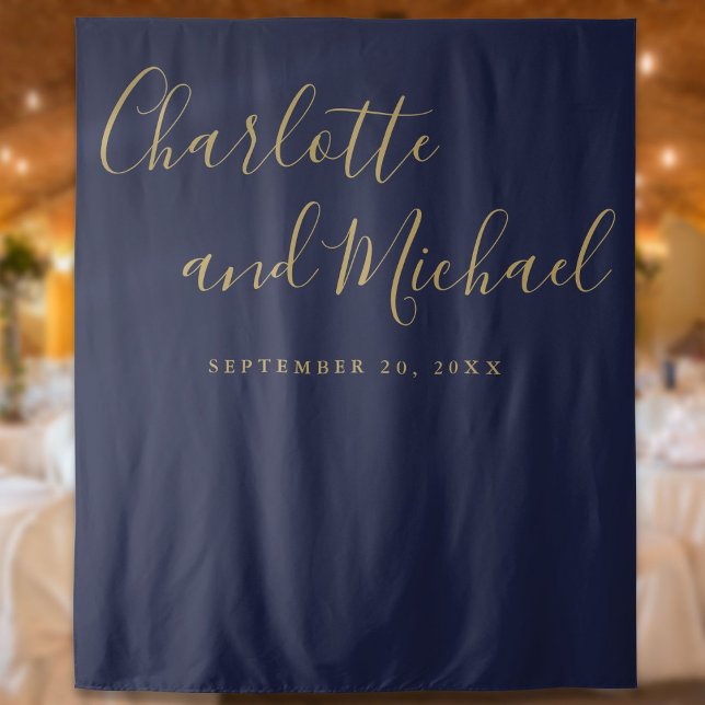 Tapete De Parede Fundo de painel de fotos de casamento em azul mari (Navy Blue And Gold Wedding Photo Booth Backdrop)