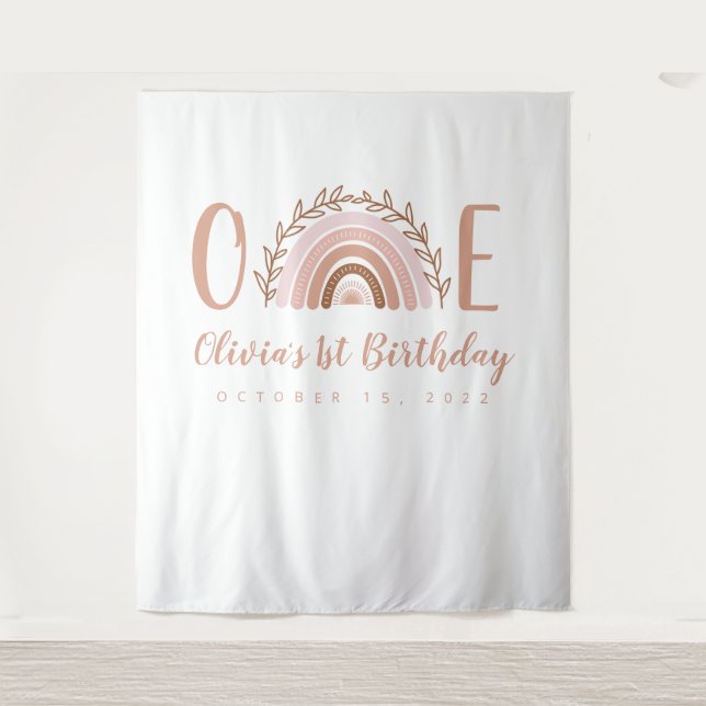 Tapete De Parede Fundo de Terracota Boho Arco-íris para Primeiro An (Frente)