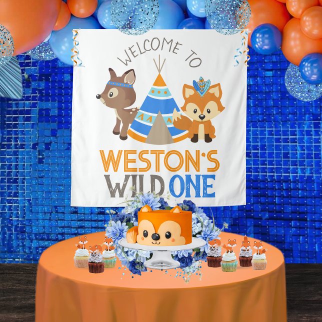 Tapete De Parede Fundo do primeiro aniversario de Floresta Selvagem (Large Square Personalized Tribal Forest Fox and Deer Woodland Wild One 1st Birthday Backdrop)