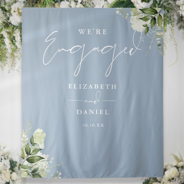 Tapete De Parede Fundo Festa de noivado Azul Cinza Dusty (Greenery Dusty Blue Engagement Party Backdrop)