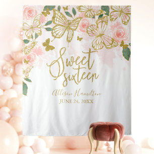 Tapete De Parede Fundo Floral de Borboletas Rosa Sweet 16