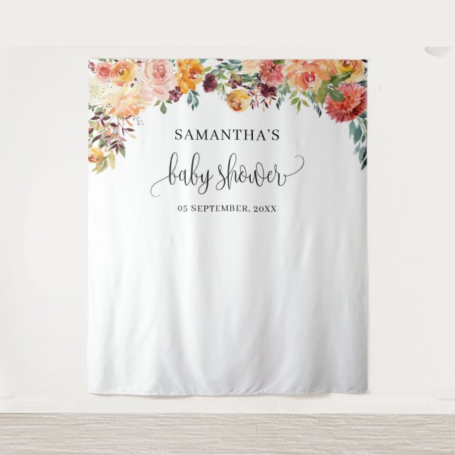 Tapete De Parede Fundo floral de outono boho blush laranja burgundy (Frente)