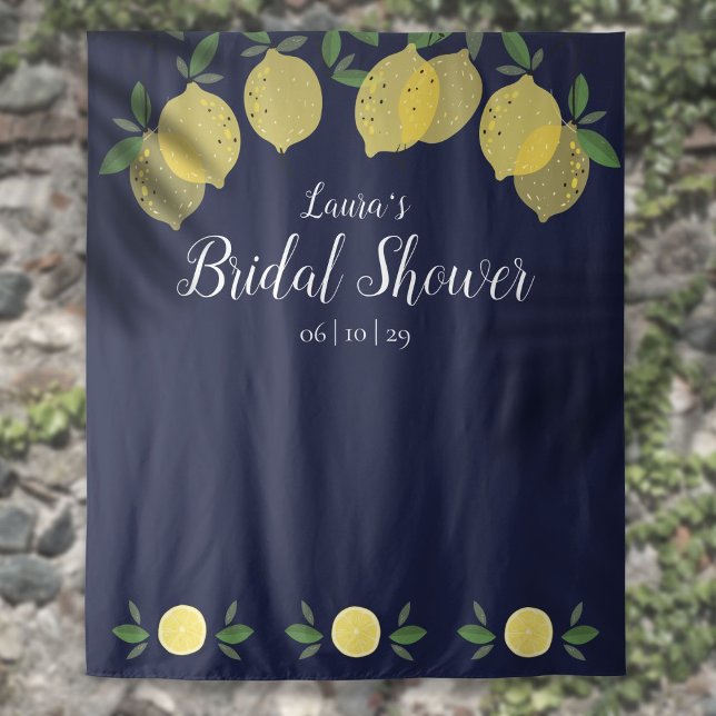 Tapete De Parede Fundo para Fotos de Chá de Noiva Azul Marinho com  (Lemons Navy Blue Bridal Shower Photo Backdrop)