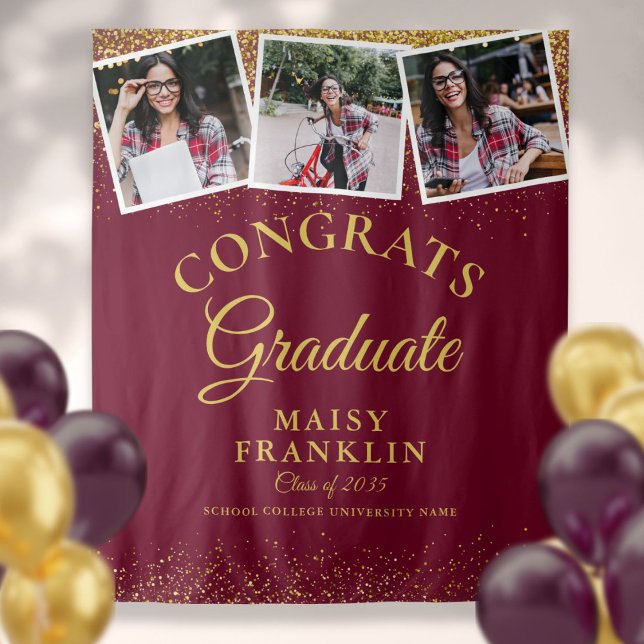 Tapete De Parede Fundo para Fotos de Formatura Dourado Brilho Borgo (Burgundy Gold Glitter Graduation 3 Photo Backdrop)