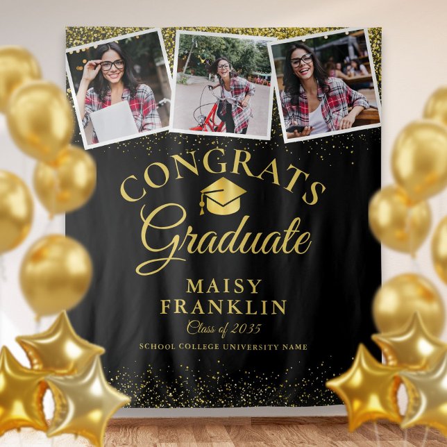 Tapete De Parede Fundo para Fotos de Formatura Preto e Dourado Mode (Black And Gold Modern Graduation 3 Photo Backdrop)