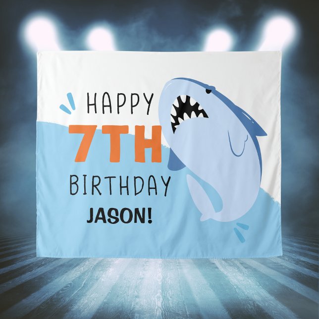 Tapete De Parede Fundo personalizado para 7º aniversário de tubarão (Kids 7th Shark Birthday Backdrop Custom
)
