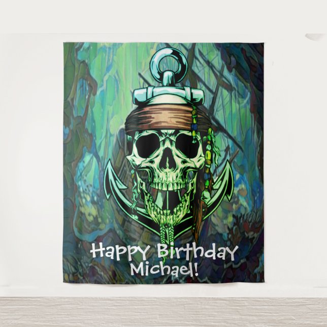Tapete De Parede Fundo Temático de Navio Fantasma Verde com Caveira (Frente)