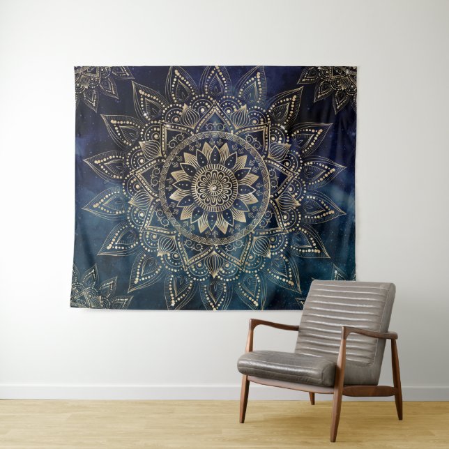 Tapete De Parede Galáxia Azul Elegante Dourada Mandala (In Situ (Horizontal))