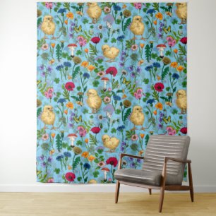 Tapete De Parede Galinhas e flores silvestres em azul-bebê