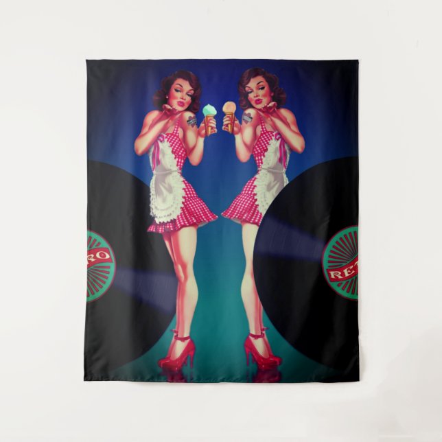 Tapete De Parede Garçonete Pin-Up Retroativo E Registros De Vinil (Frente)