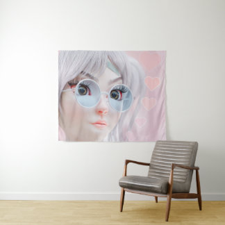 Tapete De Parede Garota de Anime Pastel com Óculos e Corações