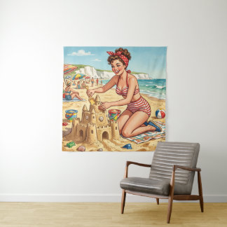 Tapete De Parede Garota Pin Up Vintage Construindo Castelo de Areia