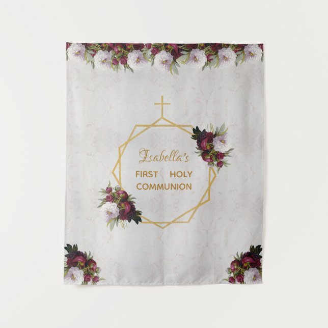 Tapete De Parede Garota Primeira Comunhão Dourada Burgundy Marble (Frente)