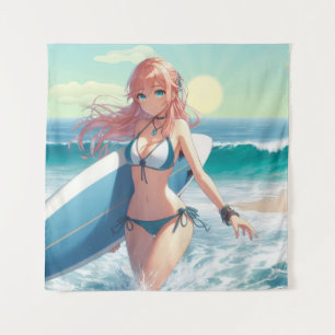 Tapete De Parede Garota surfista de anime costeira/náutica/tropical