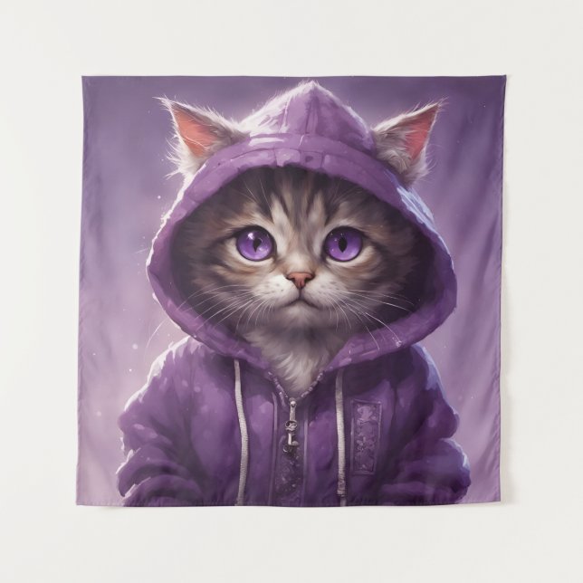 Tapete De Parede Gatinho Adorável num Hoodie Roxo (Frente)