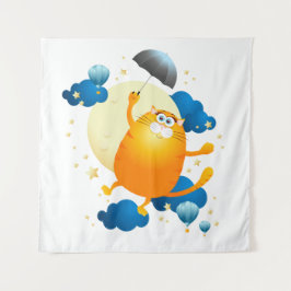 Tapete De Parede Gatinho bonito voando com guarda-chuva