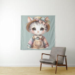 Tapete De Parede Gatinho Cottagecore com Macacão e Chapéu de Palha