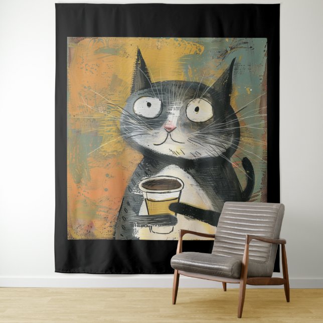 Tapete De Parede Gato Cinza com Café em Ocre (In Situ)