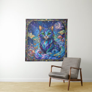 Tapete De Parede Gato Cósmico Vidro Pintado Surreal Olhos Azuis Ver