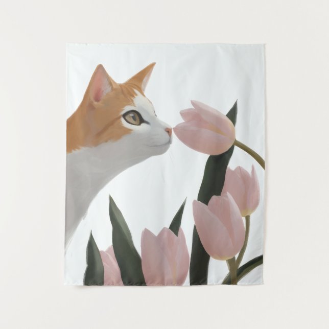 Tapete De Parede Gato Curioso Floral de Primavera (Frente)