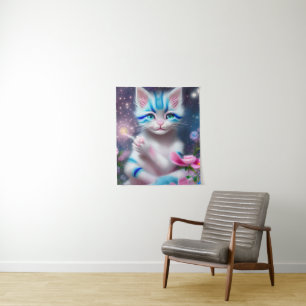 Tapete De Parede Gato de gato branco Kawaii listrado, rosa e azul