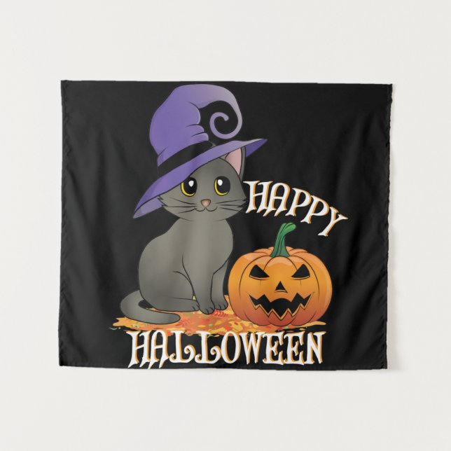 Tapete De Parede Gato de Halloween com Pumpkin (Frente (Horizontal))