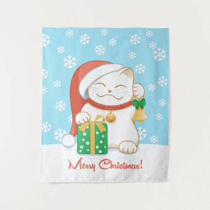 Tapete De Parede Gato de Natal Branco num Chapéu Vermelho