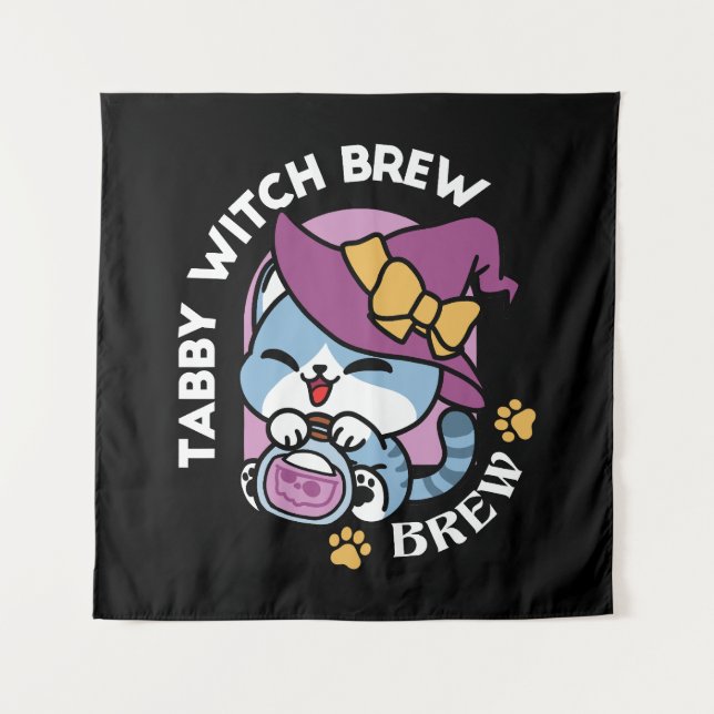 Tapete De Parede Gato do Halloween Tabby - Chapéu das Bruxas e Arte (Frente)